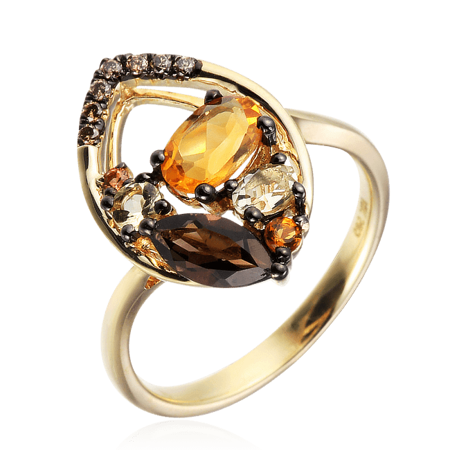 Кольцо с бриллиантами, раухтопазом, кварцем, цитрином, сапфиром фантазийным из желтого золота 585 пробы (арт. 40516)
