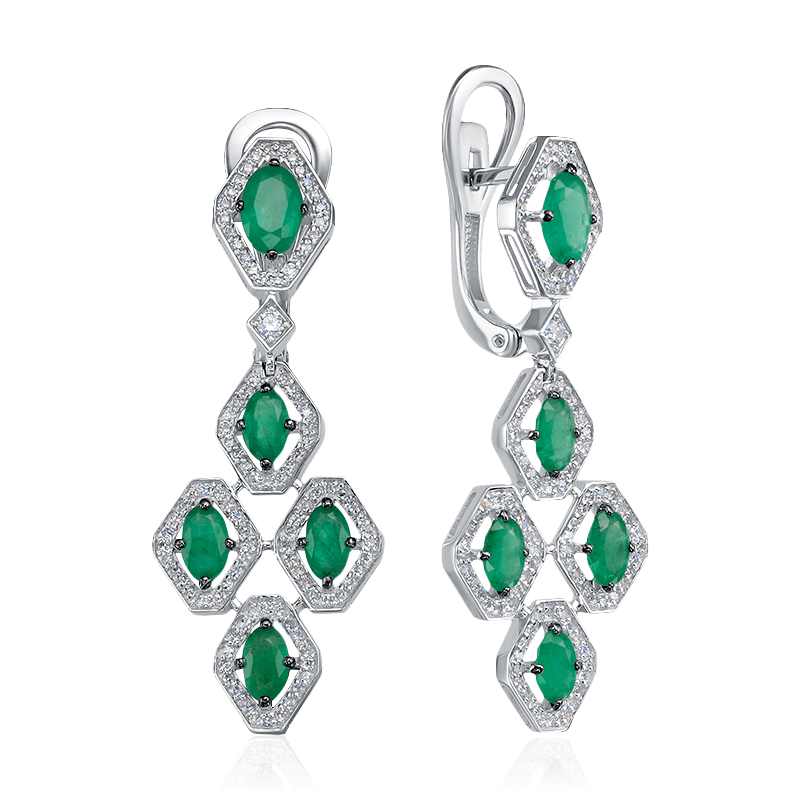 Серьги с изумрудом, бриллиантами из белого золота 585 пробы (арт. 122573)