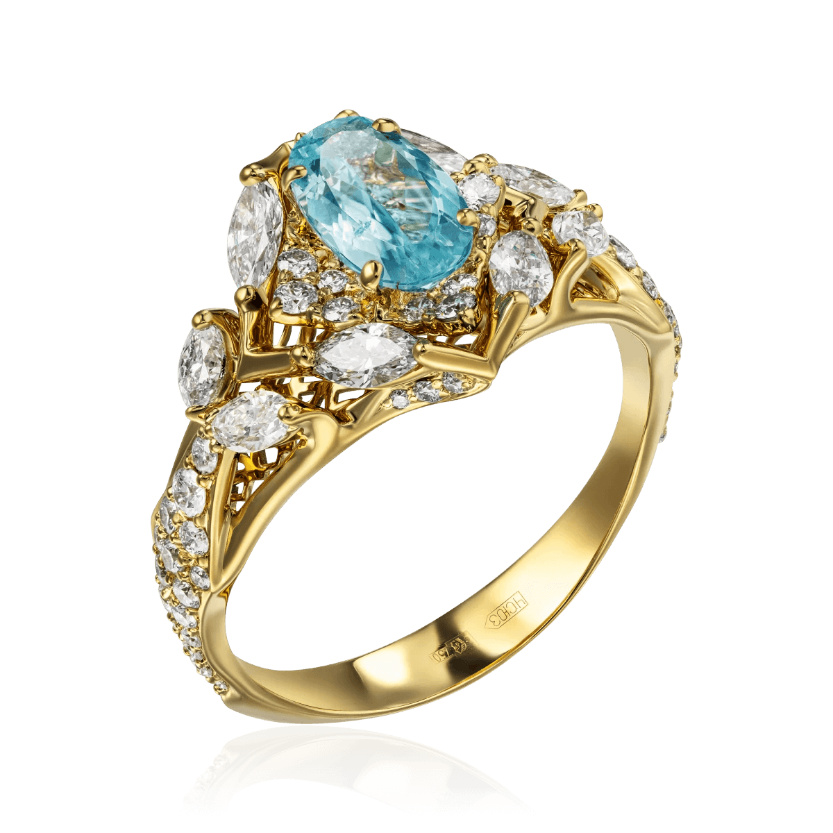 Кольцо с турмалином Параиба, бриллиантами из желтого золота 750 пробы, фото № 1
