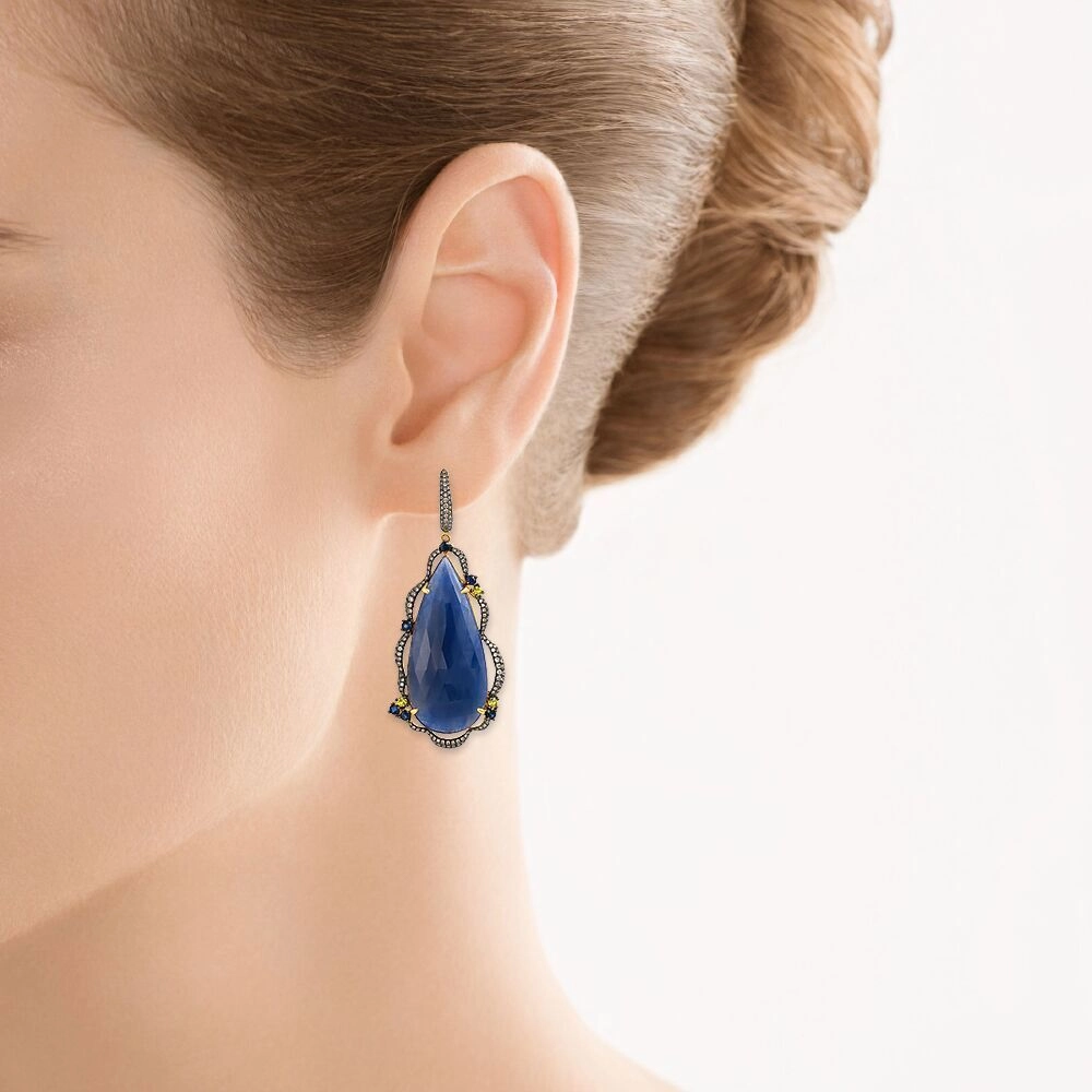Серьги с корундом, сапфиром, бриллиантами из желтого золота 585 пробы, фото № 2