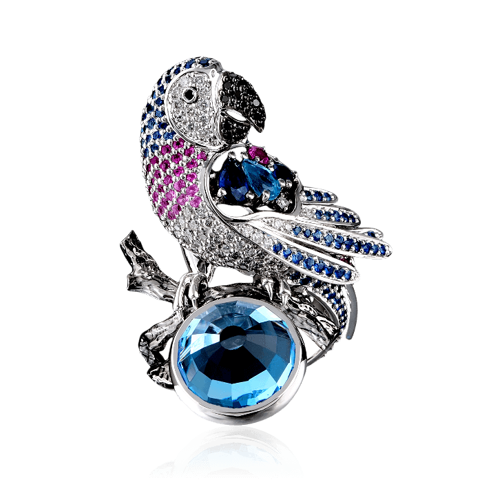 Кольцо Попугай с цветными камнями и бриллиантами, черными бриллиантами в белом золоте 750 пробы (арт. 27849)
