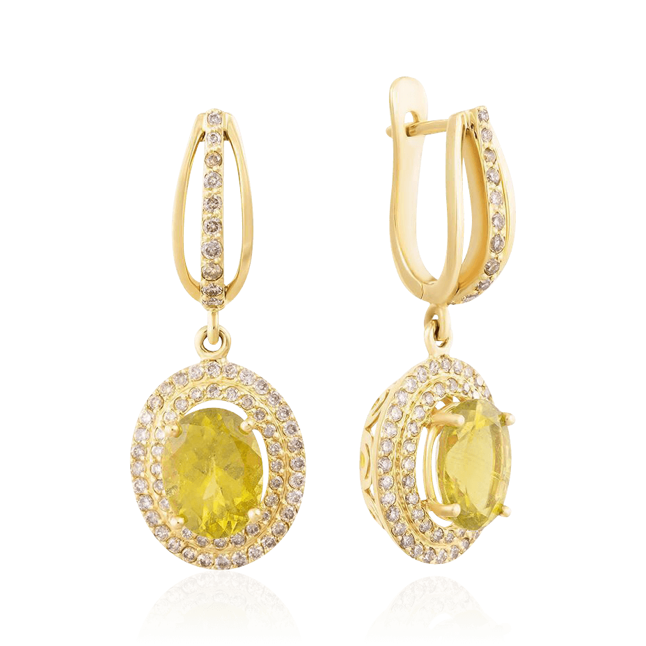 Серьги с турмалином, бриллиантами из желтого золота 585 пробы (арт. 103020)
