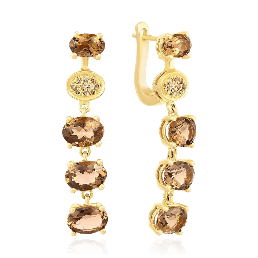 Серьги с раухтопазом, бриллиантами из желтого золота 585 пробы (арт. 103016)