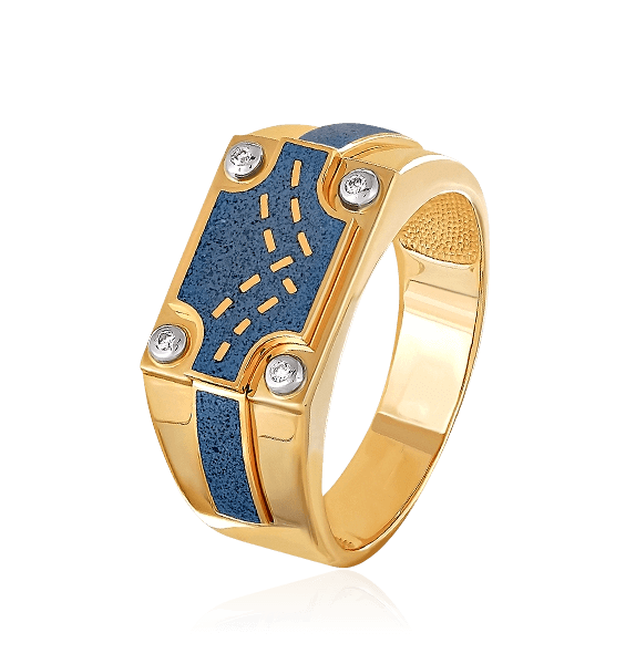 Мужской перстень в виде джинсовой нашивки с бриллиантами, горячей эмалью из желтого золота 750 пробы, фото № 1