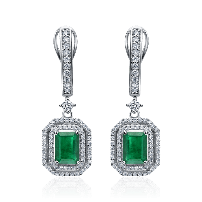 Серьги с изумрудом, бриллиантами из белого золота 585 пробы, фото № 1