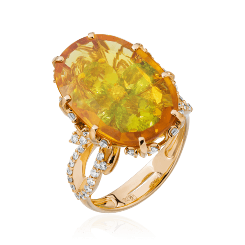 Кольцо с желтым сапфиром, бриллиантами, тсаворитом из желтого золота 750 пробы (арт. 64504)