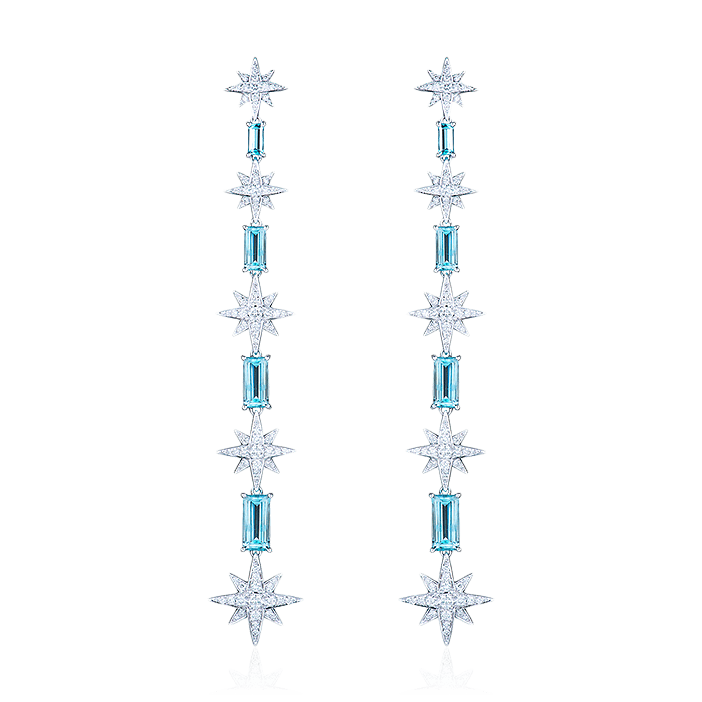 Серьги в виде звезд с аквамаринами и бриллиантами из белого золота 750 пробы (арт. 91630)