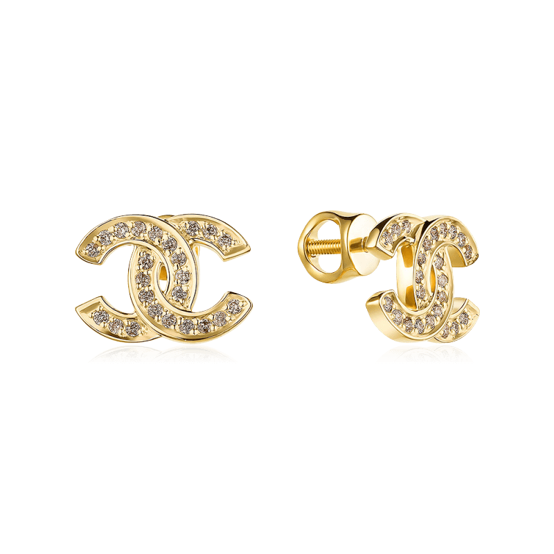 Пусеты с монограммой Chanel с бриллиантами из желтого золота 585 пробы, фото № 1