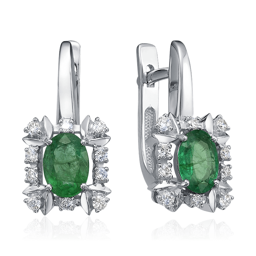 Серьги с изумрудом, бриллиантами из белого золота 585 пробы (арт. 86095)
