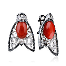 Серьги Муха с кораллом, белыми и черными бриллиантами в белом золоте 750 пробы (арт. 28295)
