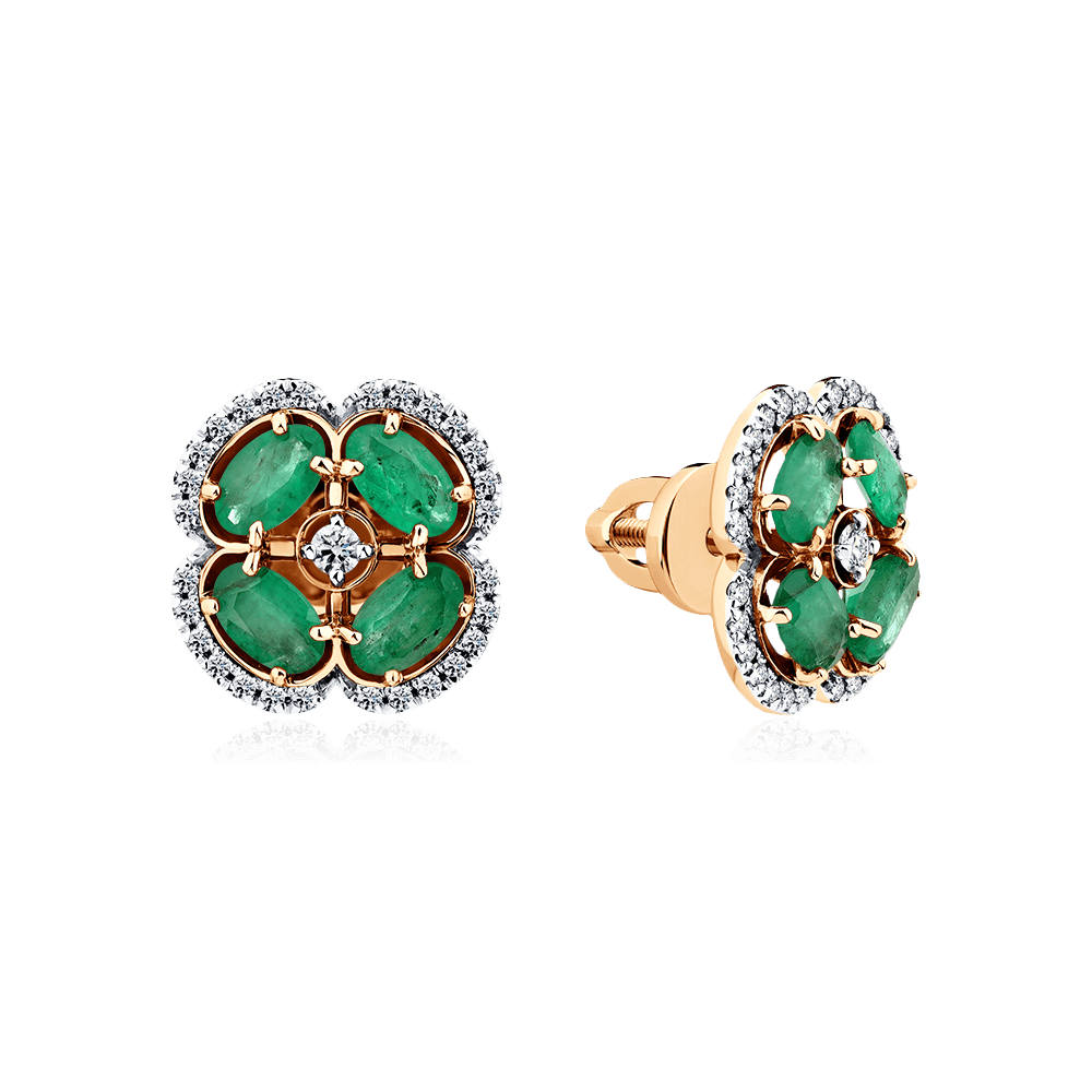 Серьги с изумрудом, бриллиантами из красного золота 585 пробы (арт. 103556)