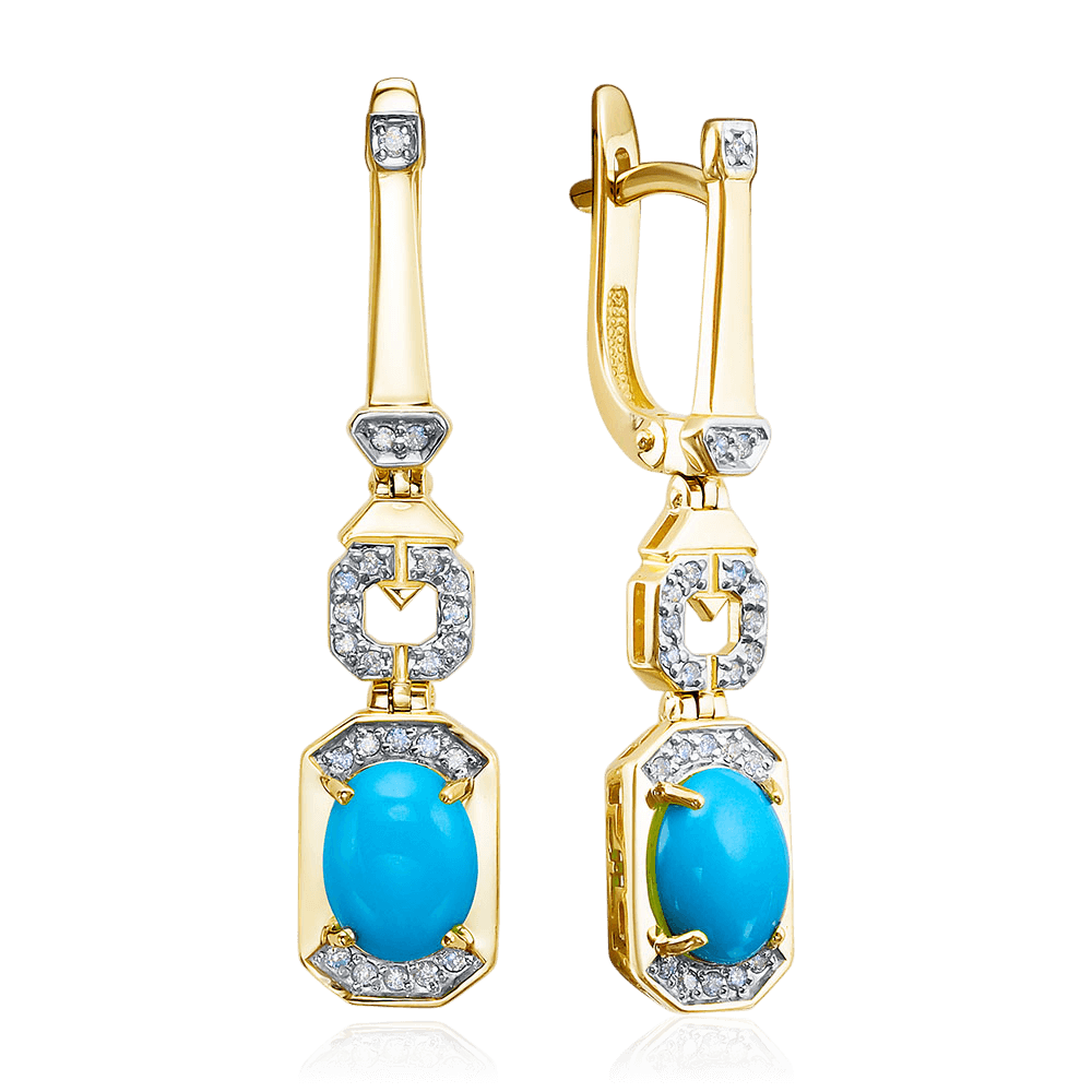Серьги с бирюзой, бриллиантами из желтого золота 585 пробы (арт. 126123)