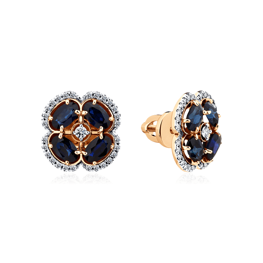 Серьги с сапфиром, бриллиантами из красного золота 585 пробы (арт. 103382)