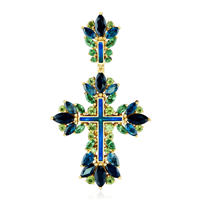 Подвеска в виде креста с топазом, сапфиром, хризолитом, эмалью, демантоидом, тсаворитом из желтого золота 585 пробы, фото № 1