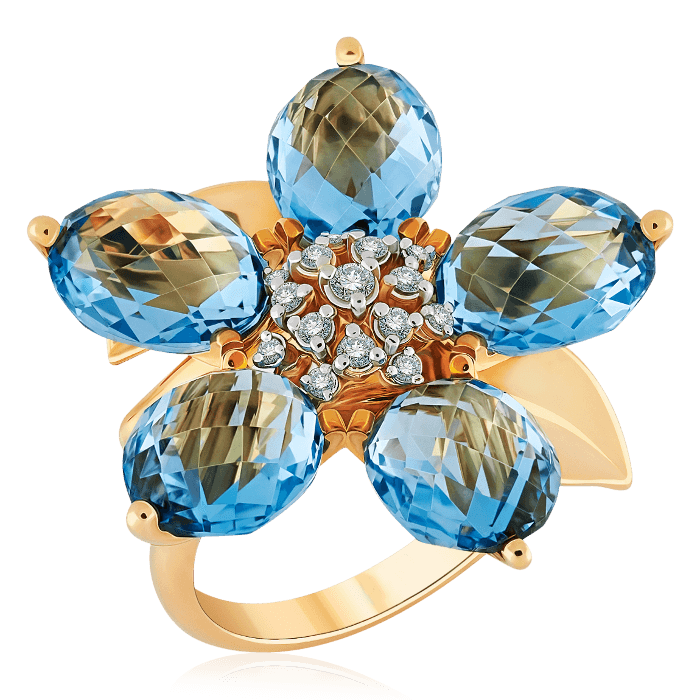 Кольцо в виде цветка с топазом, бриллиантами из комбинированного золота 750 пробы, фото № 1