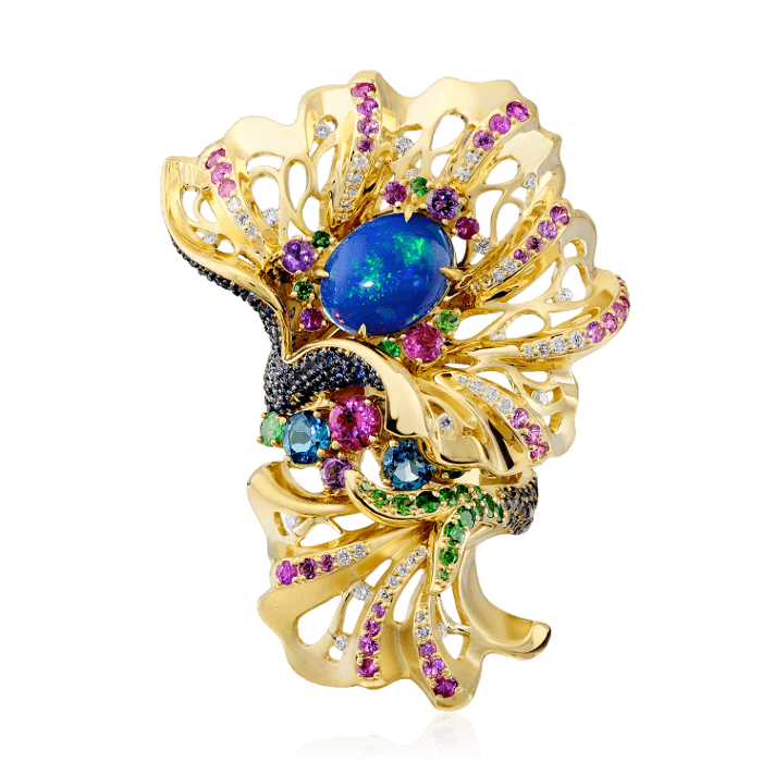Кольцо с опалом, бриллиантами, аметистом, демантоидом, сапфиром из комбинированного золота 750 пробы, фото № 2