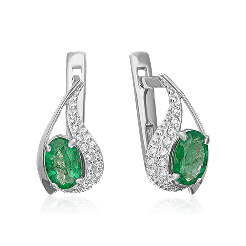 Серьги с изумрудом, бриллиантами из белого золота 585 пробы, фото № 1