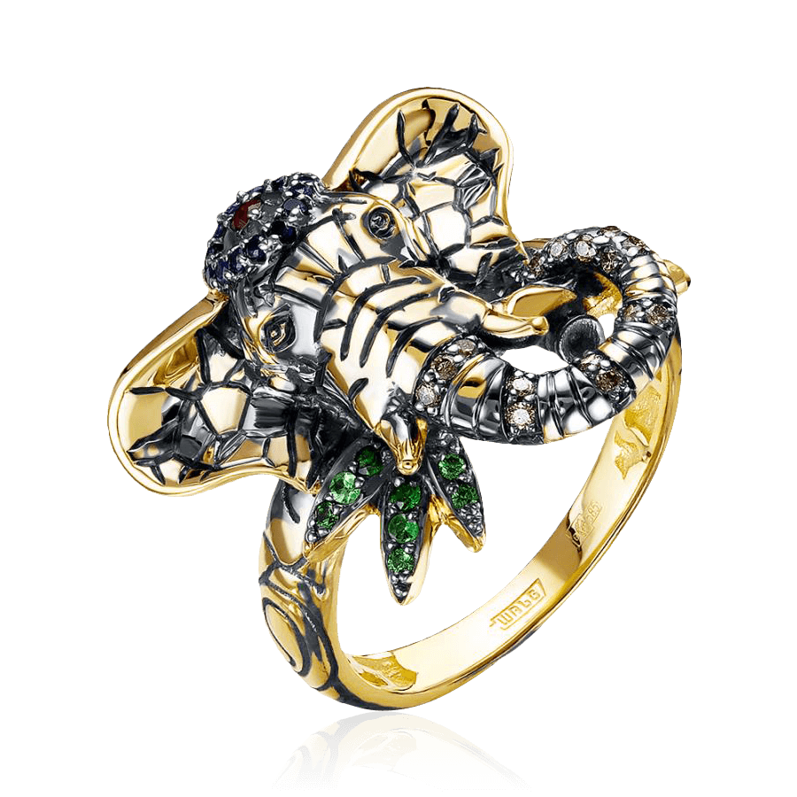 Кольцо Слон с рубином, сапфиром, бриллиантами, тсаворитом из желтого золота 585 пробы, фото № 1