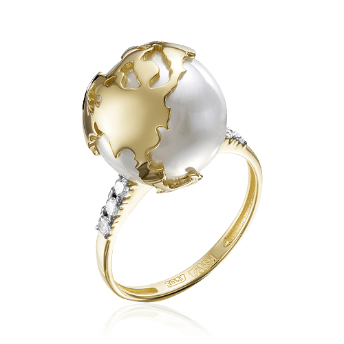 Кольцо Глобус с жемчугом, бриллиантами из желтого золота 585 пробы, фото № 1