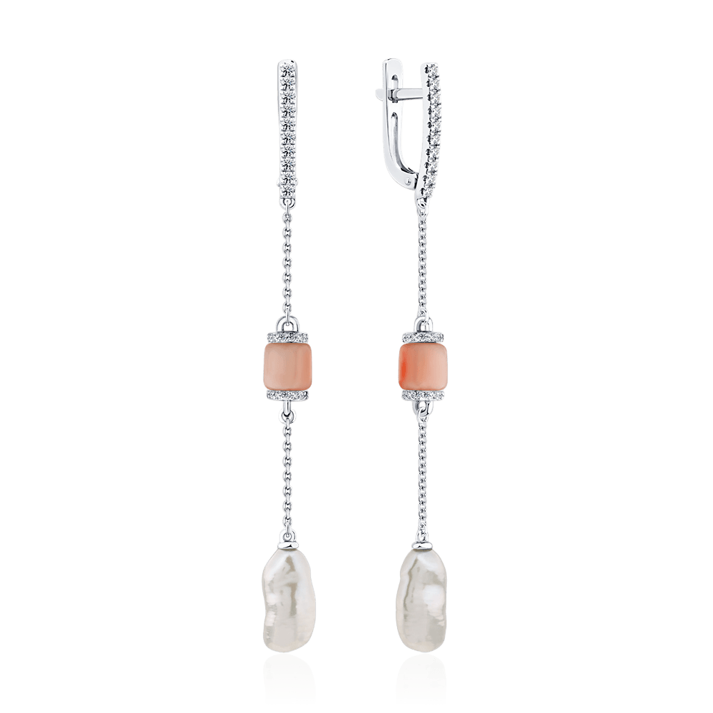 Серьги с жемчугом, бриллиантами, кораллом из белого золота 585 пробы (арт. 132715)