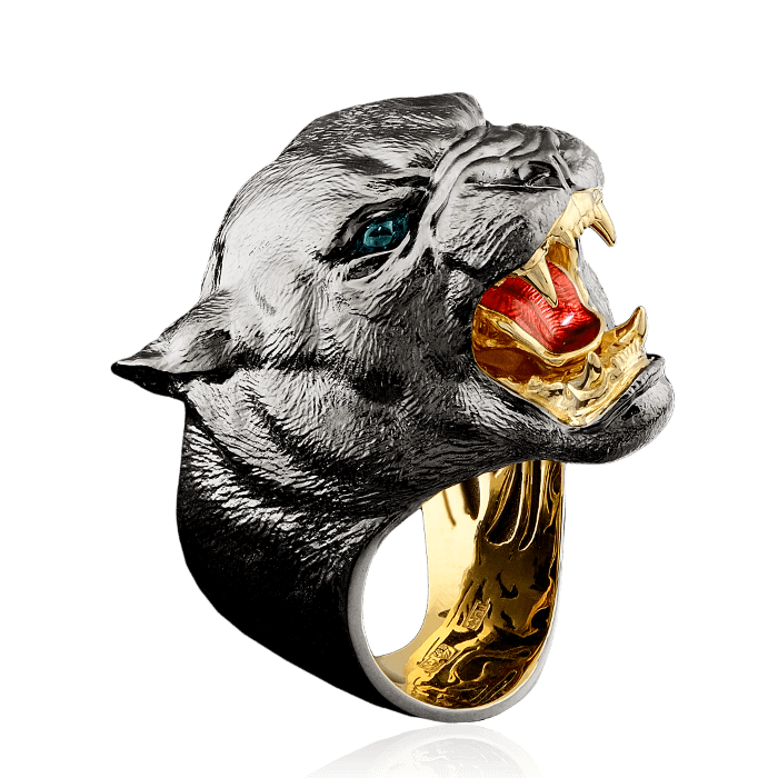 Мужское кольцо Пантера с турмалинами и горячей эмалью в желтом золоте 750 пробы (арт. 35218)