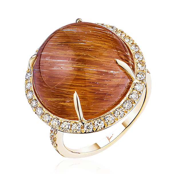 Кольцо с кварцем-волосатиком, бриллиантами из желтого золота 750 пробы (арт. 91619)
