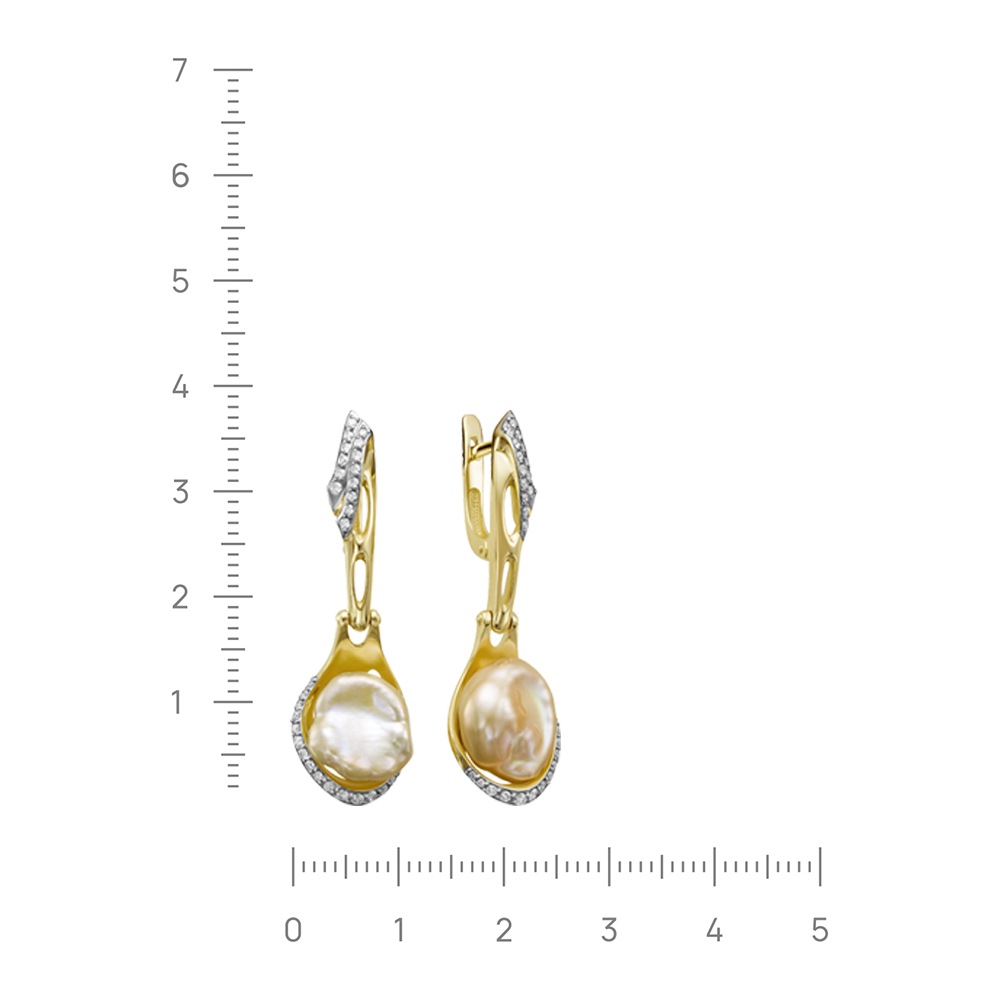 Серьги с жемчугом, бриллиантами из желтого золота 585 пробы, фото № 2