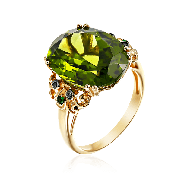 Кольцо с перидотом, тсаворитом, бриллиантами из желтого золота 585 пробы, фото № 1