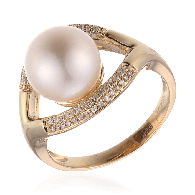Кольцо с жемчугом, бриллиантами из желтого золота 585 пробы (арт. 87468)