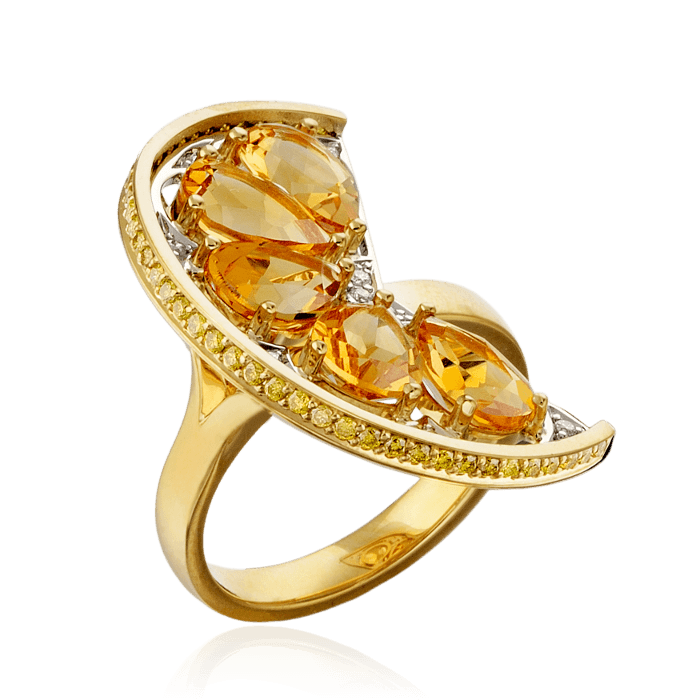 Кольцо Апельсиновые дольки с цитринами и бриллиантами в желтом золоте 750 пробы (арт. 32619)