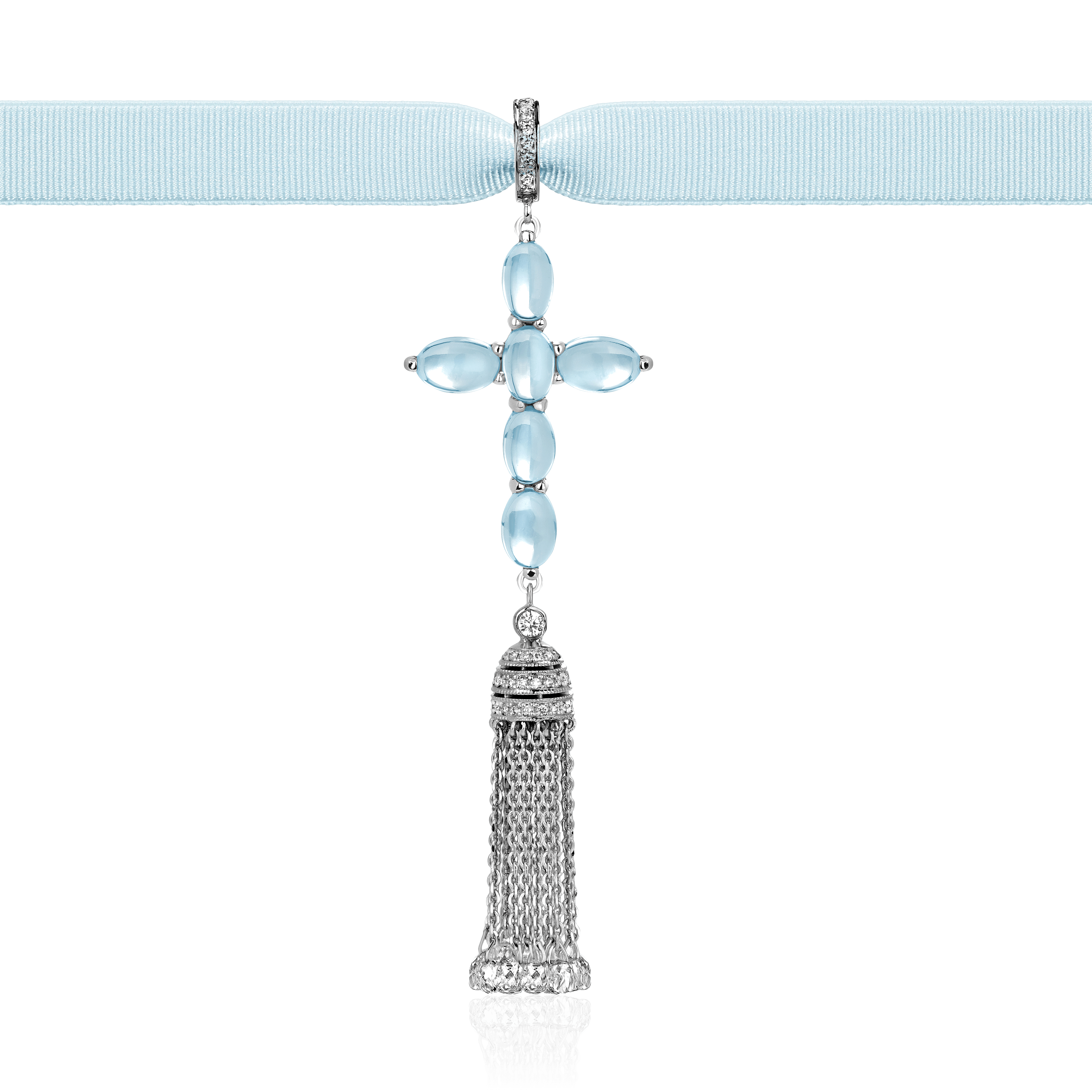 Кулон в виде креста с подвеской-кистью с бриллантами и топазами из белого золота 750 пробы, фото № 1