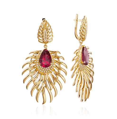 Длинные серьги с рубином, бриллиантами из желтого золота 750 пробы, фото № 1