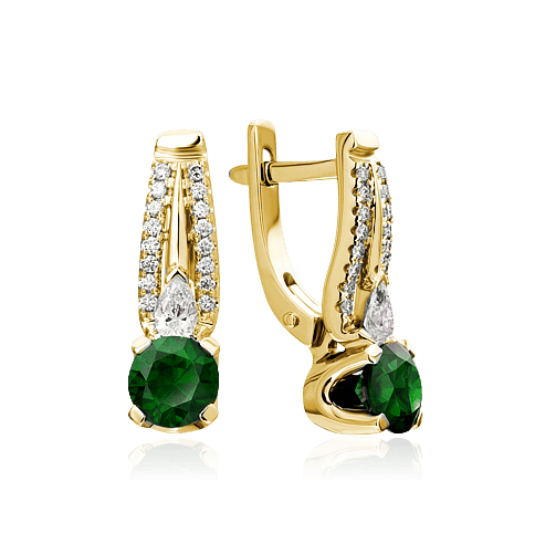 Серьги с изумрудом, бриллиантами из желтого золота 750 пробы, фото № 1