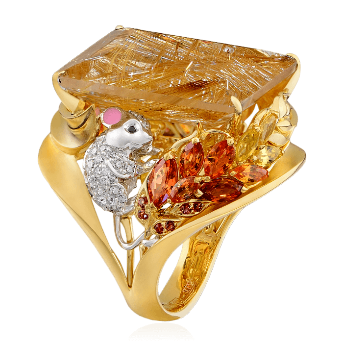 Кольцо Мышь-полевка с цветными камнями, эмалью и бриллиантами в комбинированном золоте 750 пробы, фото № 1