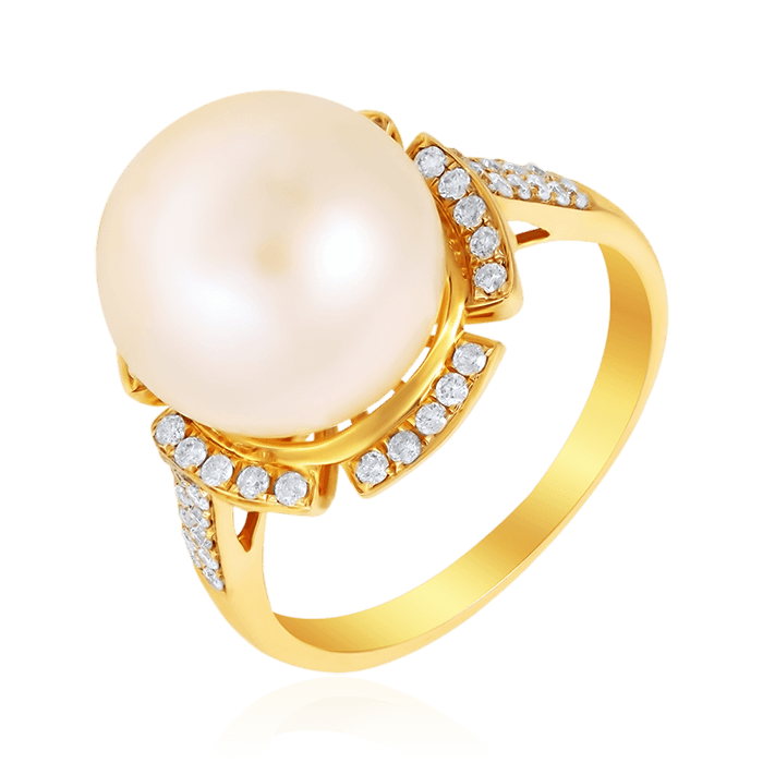 Кольцо с жемчугом, бриллиантами из желтого золота 585 пробы (арт. 56777)