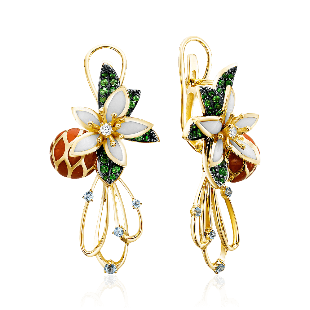 Серьги в виде цветов с топазом, тсаворитом, бриллиантами из желтого золота 585 пробы (арт. 97830)