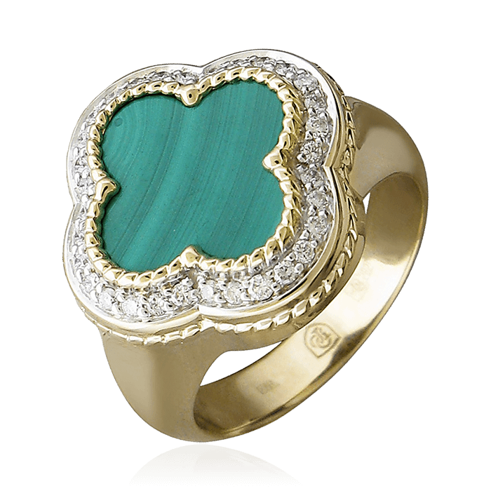 Кольцо с малахитом, бриллиантами из желтого золота 585 пробы, фото № 1
