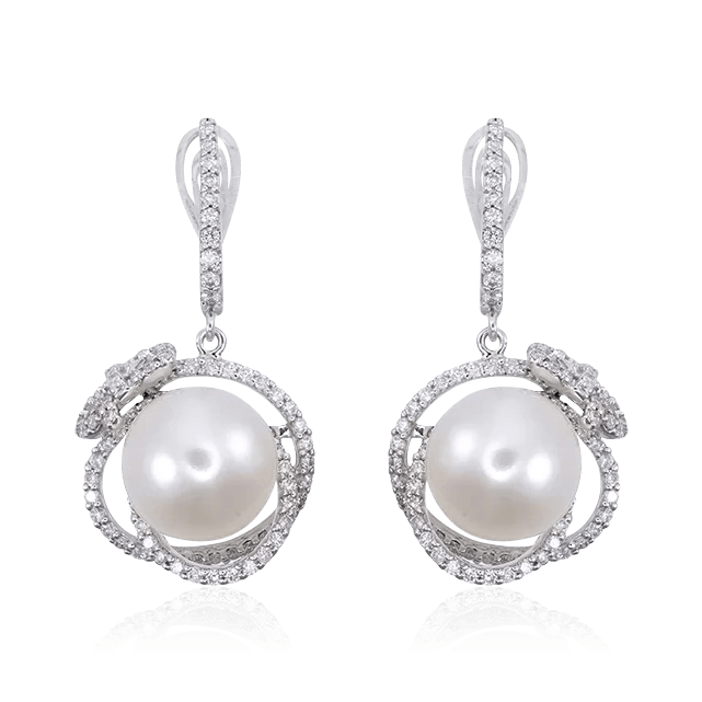 Серьги с бриллиантами, жемчугом из белого золота 585 пробы, фото № 1