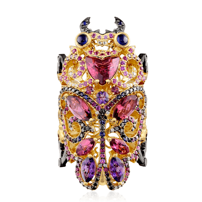 Кольцо в виде жука с турмалином, сапфиром, бриллиантами, аметистом, рубином, цветными сапфирами из комбинированного золота 750 пробы, фото № 2