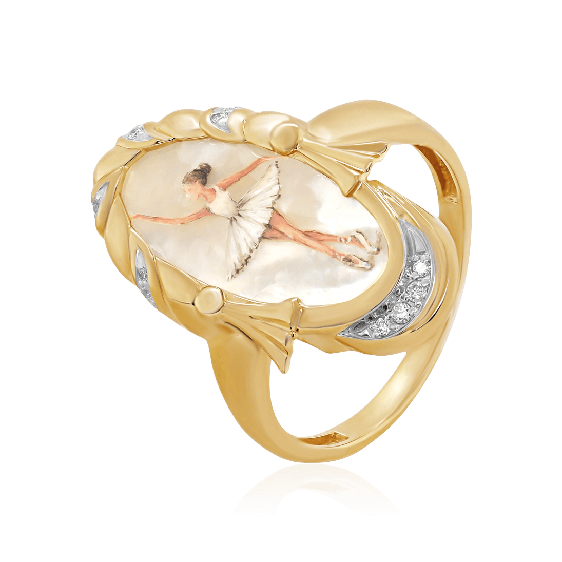Кольцо Балерина с перламутром, горячей эмалью бриллиантами из желтого золота 585 пробы (арт. 104058)