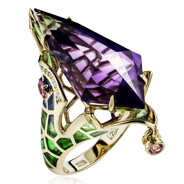 Кольцо Танец бабочек с аметистом, бриллиантами, сапфиром, эмалью из желтого золота 585 пробы, фото № 1