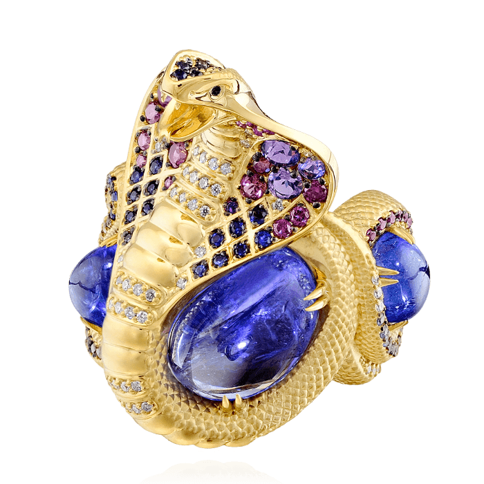 Кольцо Кобра с танзанитом, аметистом, бриллиантами, цветными сапфирами из желтого золота 750 пробы (арт. 38762)