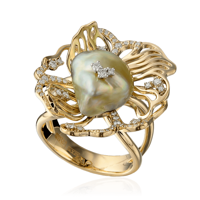 Кольцо с жемчугом, бриллиантами из желтого золота 750 пробы (арт. 72689)