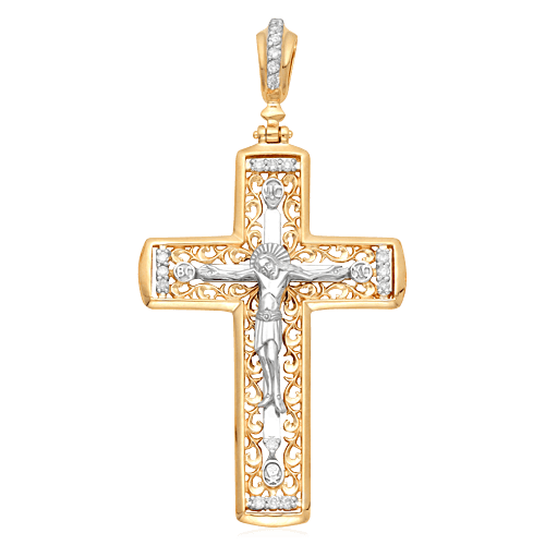 Крест с бриллиантами из комбинированного золота 585 пробы, фото № 1