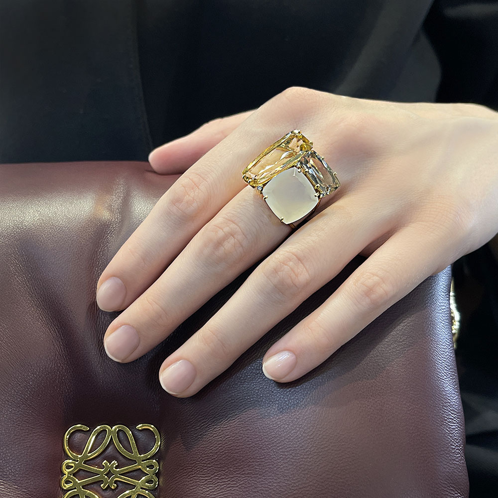 Кольцо с агатом, цитрином, раухтопазом, бриллиантами из желтого золота 750 пробы, фото № 6