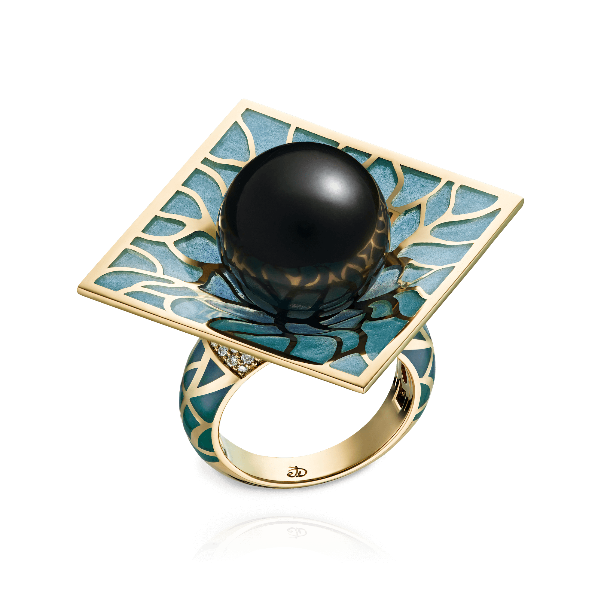 Кольцо Бонсай с таитянским черным жемчугом, бриллиантами и витражной эмалью из желтого золота 750 пробы (арт. 103831)