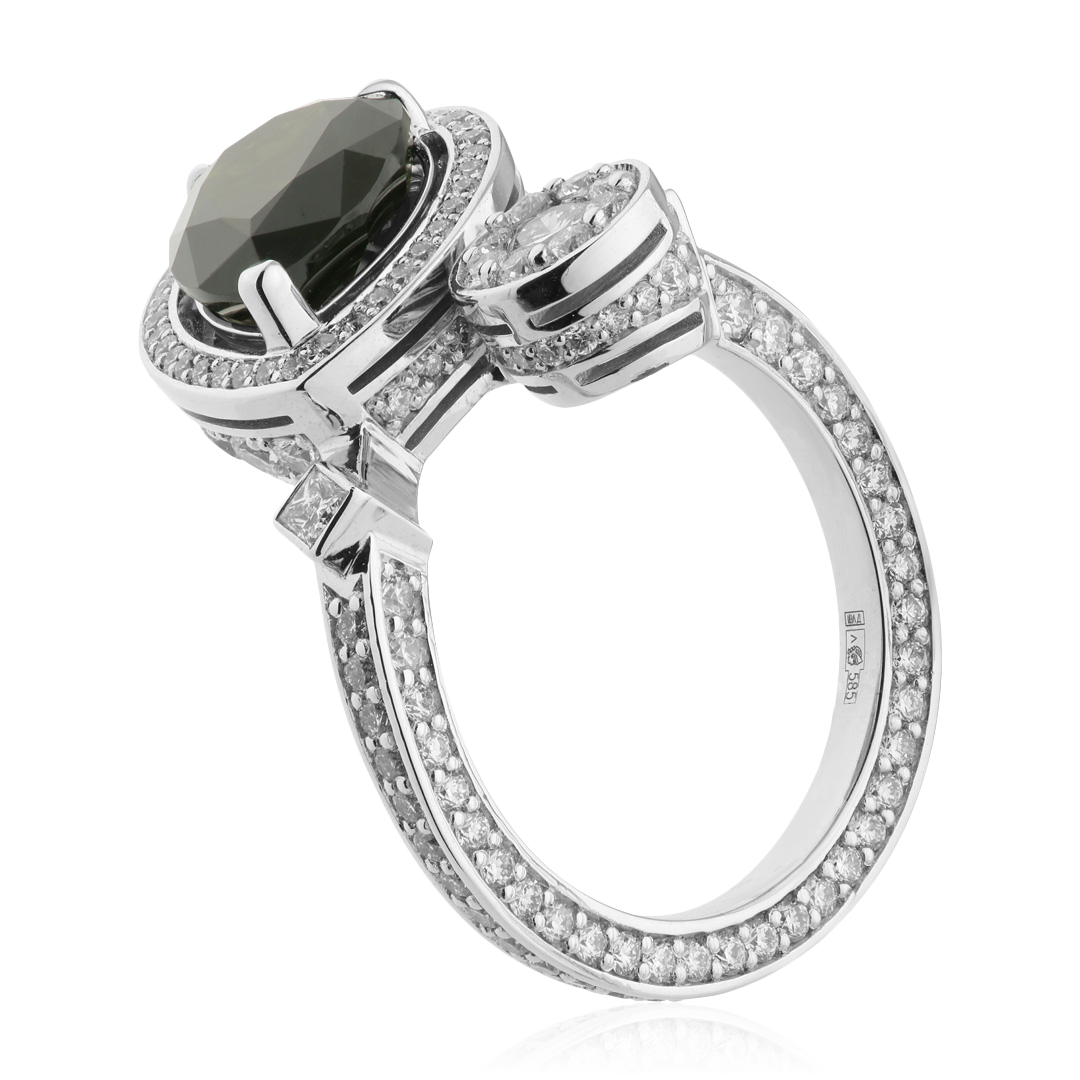 Кольцо с бриллиантами, турмалином из белого золота 585 пробы, фото № 3