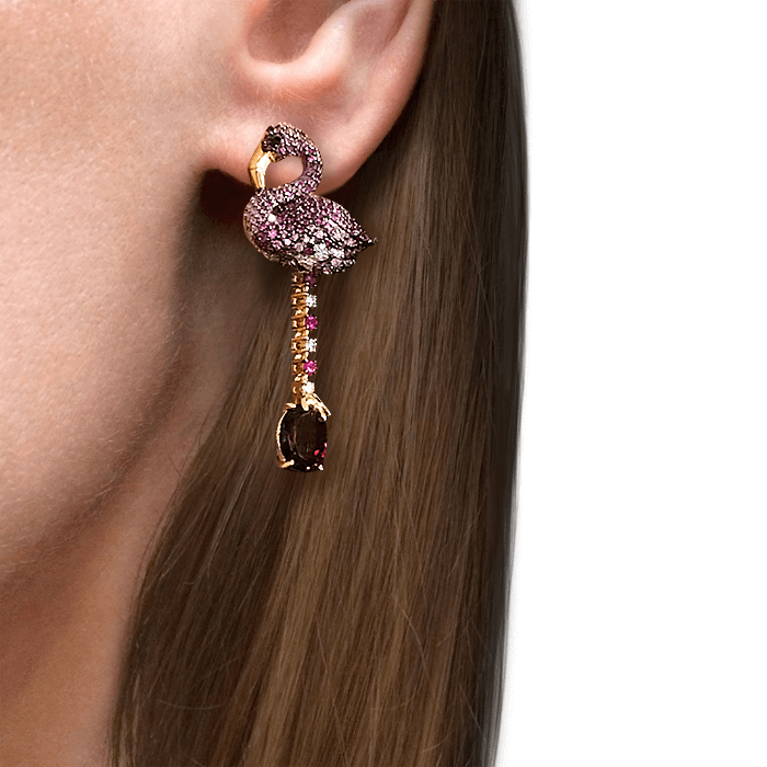 Серьги Фламинго с рубином, сапфиром, бриллиантами из желтого золота 585 пробы, фото № 4