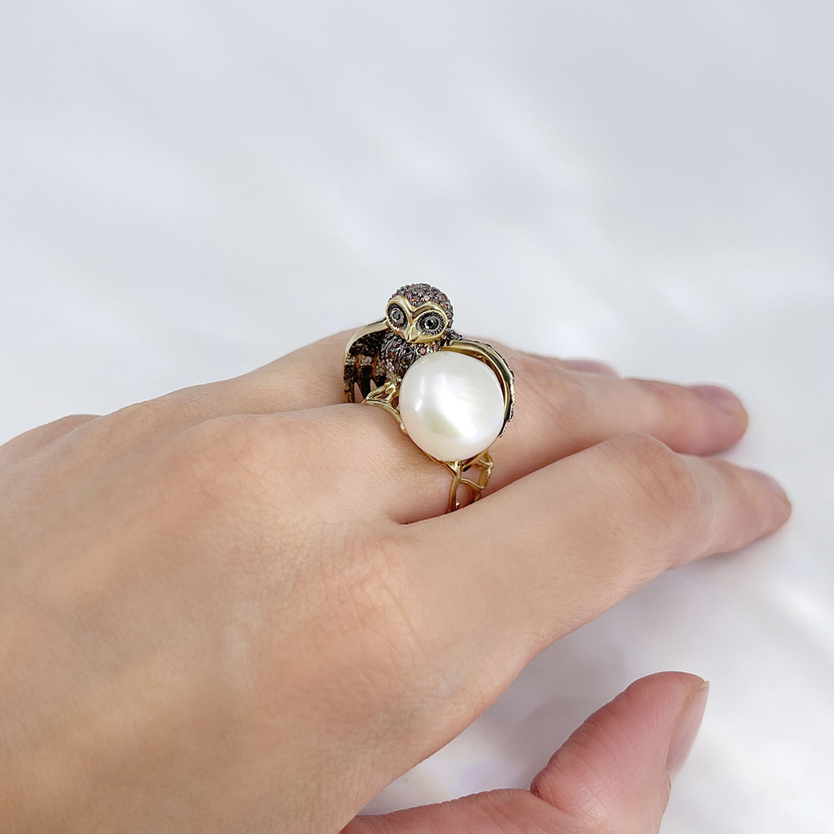 Кольцо Сова с бриллиантами из желтого золота 585, фото № 5