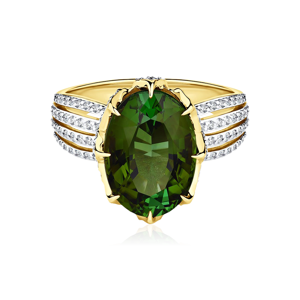 Кольцо с турмалином, бриллиантами из желтого золота 585 пробы, фото № 5
